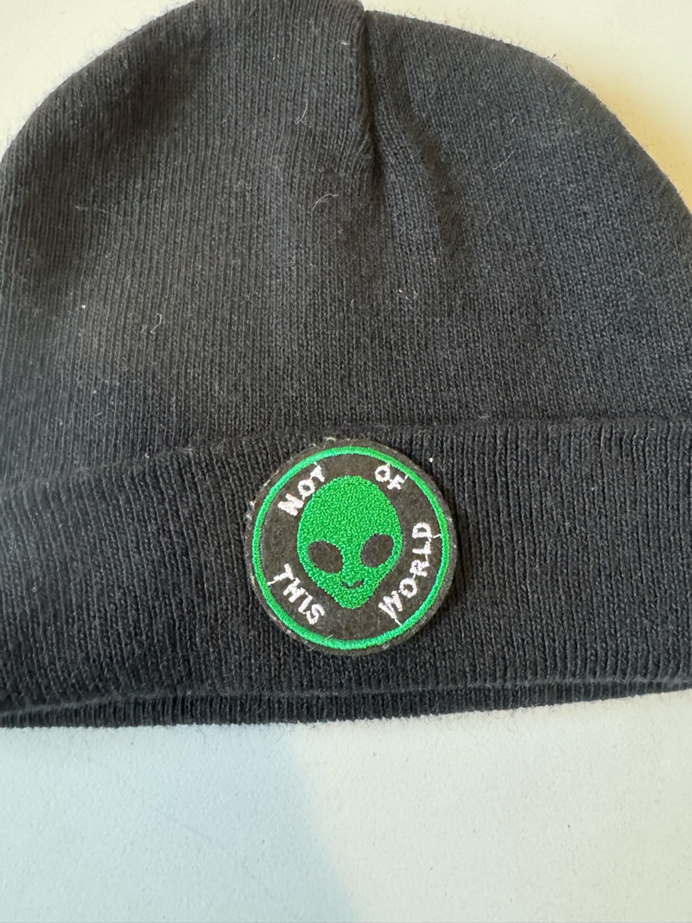 Black Beanie with Green Alien Patch - Casual Men's Knit Hat